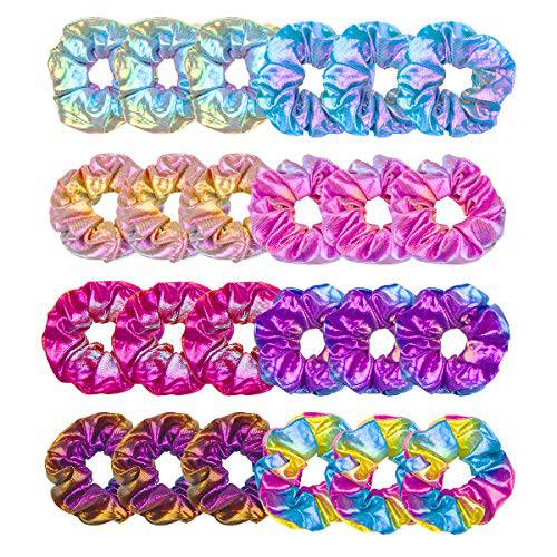 MOLYHUA Hair Scrunchies for Girls, 24 Pcs Shiny Scrunchies Metallic Hair Tie for Women