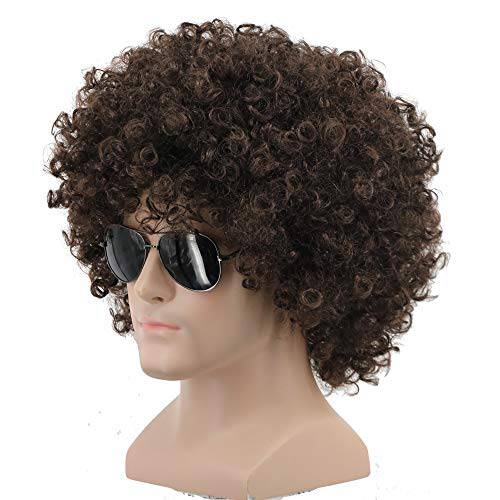 Yuehong Short Fluffy Disco Afro Wigs Synthetic Anime Cosplay Fancy Funny Wigs for Unisex Men Women (Dark Brown)
