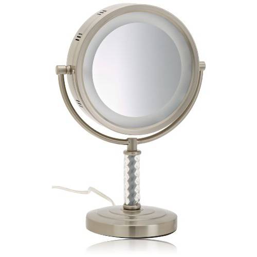 Jerdon Lighted Tabletop Makeup Mirror - Halo Lighted Makeup Mirror with 1X and 6X Magnification in Nickel Finish - 8-Inch Diameter Vanity Mirror - Model HL856MNC