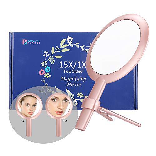 Hand Mirror with 15x Magnification, Handheld Magnifying Mirror with Handle, Hand Held Mirror with Adjustable Stand for Woman, Double Sided, 6 (Rose Gold)