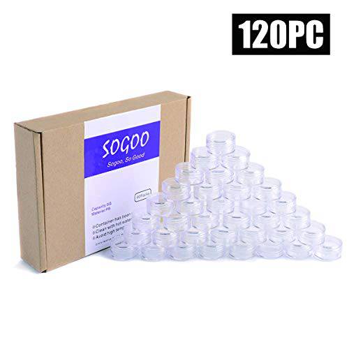 60 PCs 5 Gram Empty Plastic Cosmetic Samples Container and Labels for Make Up, Eye Shadow, Nails, Powder, Gems, Beads, Jewelry, Cream Small Clear Pot Jars with Lid