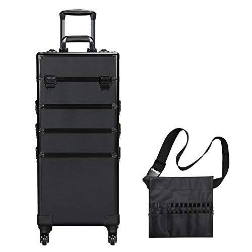 Yaheetech 4 in 1 Professional Makeup Train Case Aluminum Cosmetic Case Rolling Makeup Case Extra Large Trolley Makeup Travel Organizer, with 360° Swivel Wheels, Black