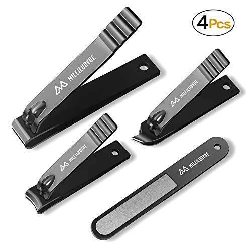 MILEILUOYUE Nail Clippers Set Black Stainless Steel Nail Cutter& Sharp Oblique Toe Nail Clipper & Nail File 4 Pieces, Metal tin Box for Men and Women Suitable for Gifts.