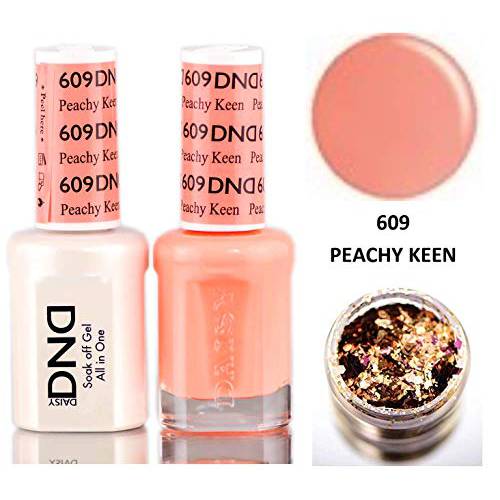 Daisy DND SUMMER COLLECTION Soak Off GEL POLISH DUO, All In One Gel Lacquer + Matching Nail Polish Color for Nails (with bonus side Glitter) Made in USA (Peachy Keen (609))