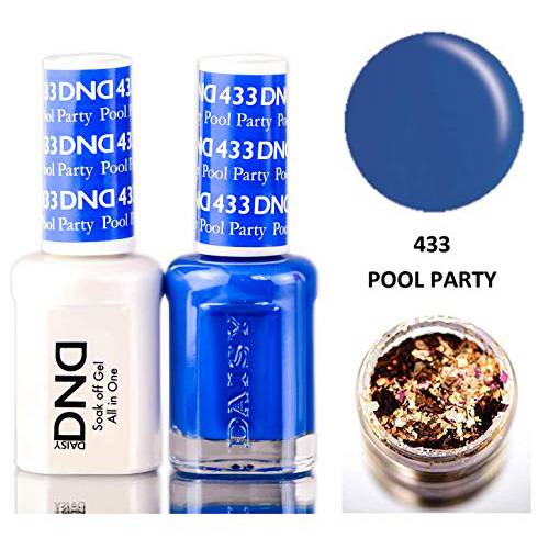Daisy DND Blues & Greens Soak Off GEL POLISH DUO, All In One Gel Lacquer + Matching Nail Polish Color for Nails (with bonus side Glitter) Made in USA (Pool Party (433))