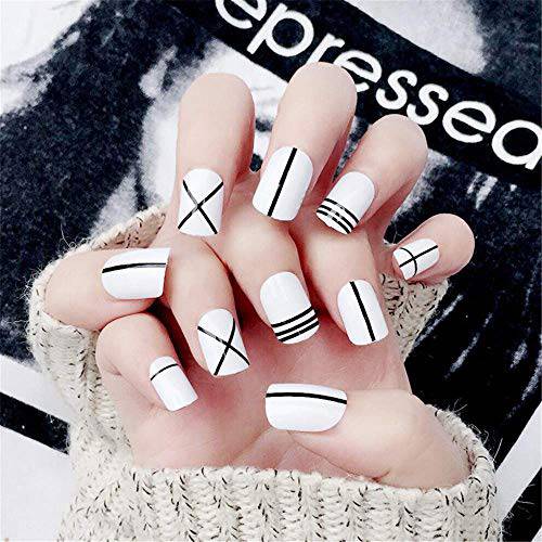MISUD 24PCS Square False Nails White Glossy with Irregular Black Line Design Press-on Flake Nails Acrylic Nail for Casual Daily