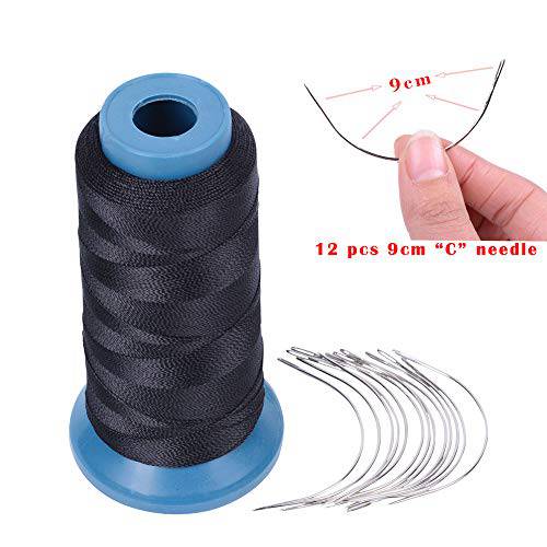 Black Hair Weaving Thread with 12 pcs of 9cm-C Type Needles/Curved hair Needles Hair Extention Accessory Thread for wig making needle