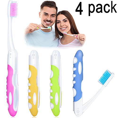 4 Pieces Folding Travel Toothbrush Portable Soft Toothbrush with Soft Bristles Brushes for Sensitive Gums (Pink, Yellow, Blue, Green)