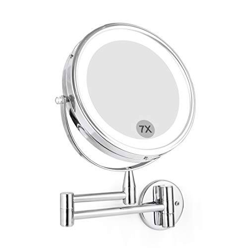 FIRMLOC Wall Mounted LED Makeup Mirror 5X Magnification 6 Lighted Double Side 360 Degree Rotating Mirror (1x/5x, 6inch)