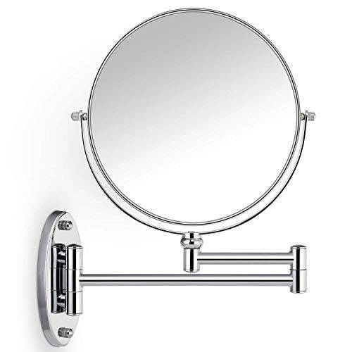 Miusco Wall Mounted Makeup Mirror, Premium 10X Magnifying 8’’ Two-Sided Bathroom Vanity Mirror, Extendable Arm, Round, Chrome