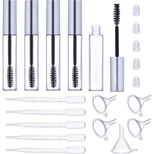 eBoot 10 ml Empty Mascara Tube with Eyelash Wand, Rubber Inserts, Funnels and Transfer Pipettes Set for Castor Oil, DIY Mascara Container with Cap (Silver)