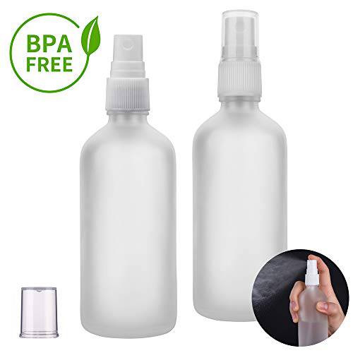 Hydior Glass Spray Bottles for Essential Oils, 3.4oz Small Fine Mist Spray Bottle, Frosted Clear, Empty, 2 Pack