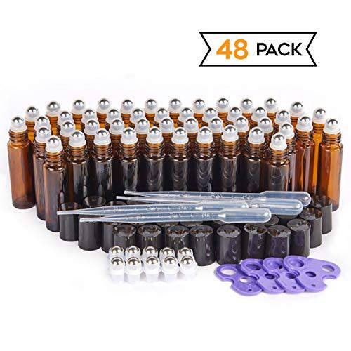 Essential Oil Roller Bottles, 48 Pack Hoa Kinh 10ml Empty Glass Amber Roller Bottles UV Protection with Stainless Steel Balls (10ml-48pack)