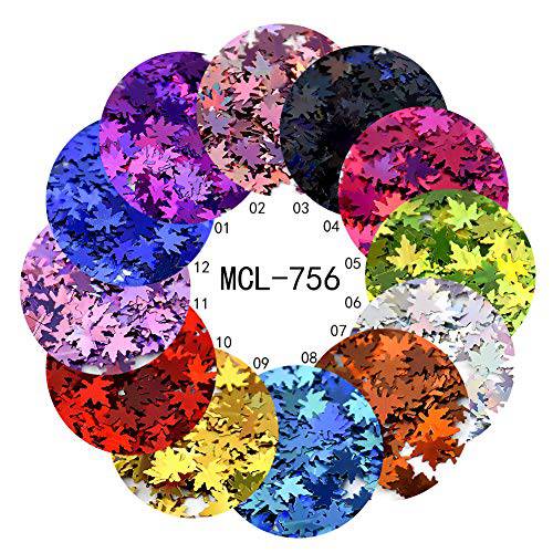 MEILINDS Fall Maple Leaves Nail Art Sequins, 12 Colors 3D Holographic Red Mixed Autumn Leaf Chunky Glitter Flakes Paillette, Nail Art Sticker Decals Nails Decoration DIY Design for Manicure Craft