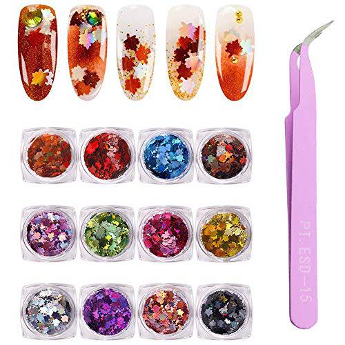 DAGEDA 12 Boxes Leaf Sequins Laser Nails Art Glitters Thin Paillette Flakes Stickers Colorful Confetti Sticker Manicure Nail Art Supplies Christmas Nail DIY Manicure Decals Decoration- Fall Leaf Mixed