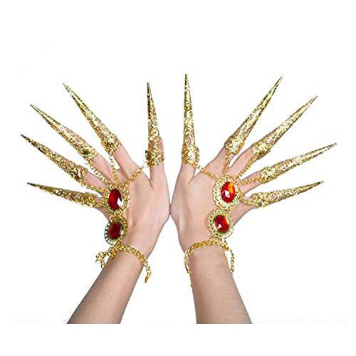 Suoirblss 2PCS Fashion Women Belly Dance Gypsy Egyptian Bracelet with Finger Nails Indian Gold Bracelet with Finger Nails for Costumes (Length: 11.8 inches)