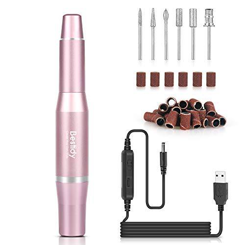 Bestidy Electric Nail Drill Kit,USB Manicure Pen Sander Polisher With 6 Pieces Changeable Drills And Sand Bands for Exfoliating, Grinding, Polishing, Nail Removing, Acrylic Nail Tools (Pink)
