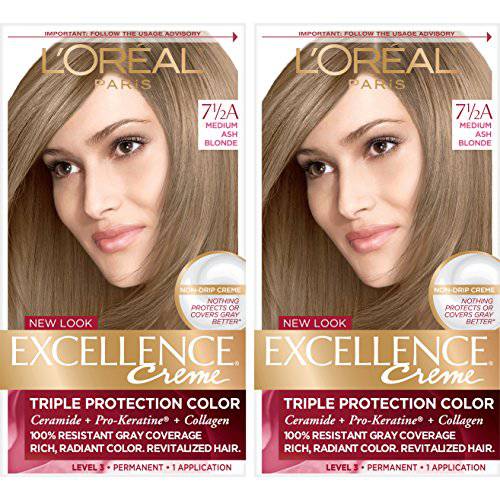L’Oreal Paris Excellence Creme Permanent Hair Color, 7.5A Medium Ash Blonde, 100 percent Gray Coverage Hair Dye, Pack of 2