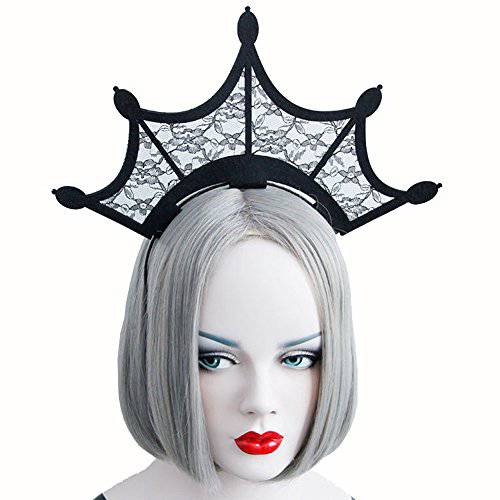 Halloween Fashion Queen Black Lace Headbands Girl Large Tiara Crown Hairbands Headands Woman Cosplay Party Hair Accessories (Black)