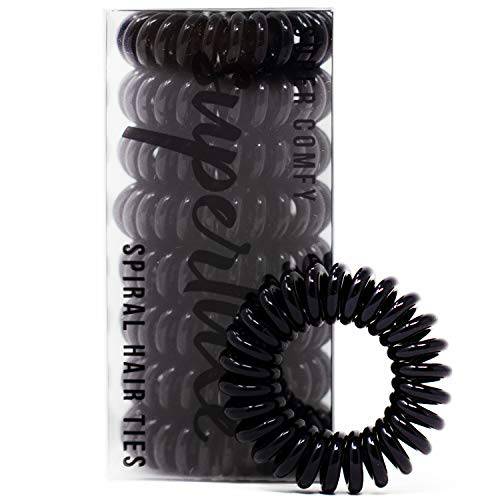 SUPERLUXE 8pk Black Spiral Hair Ties - Painlessly keep your hair up with no crease, damage, or tangles transparent ponytail holder hair bands - small coil elastic hair accessory for all hair types