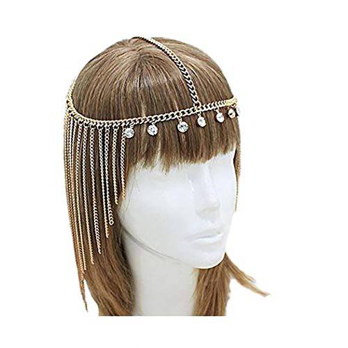 Fdesigner Boho Tassel Head Chain Gypsy Crystal Hair Accessories Halloween Hair Jewelry Festival Hair Jewelry Wedding Head Piece Bridal Headdress for Women (Gold)