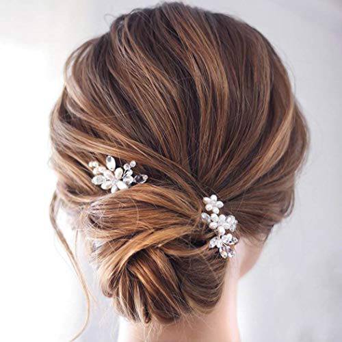 Catery Flower Wedding Bride Hair Pins Pearl Bridal Hair Pieces Crystal Hair Clips Silver Hair Accessories for Women Pack of 2 (Silver)