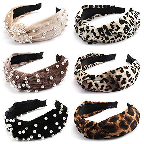 Jaciya 6 Pack Velvet Wide Headbands Knot Leopard Headbands Turban Hairband Vintage Head wrap with Faux Pearl Elastic Hair Hoops Fashion Hair Accessories for Women and Girls, Great gift
