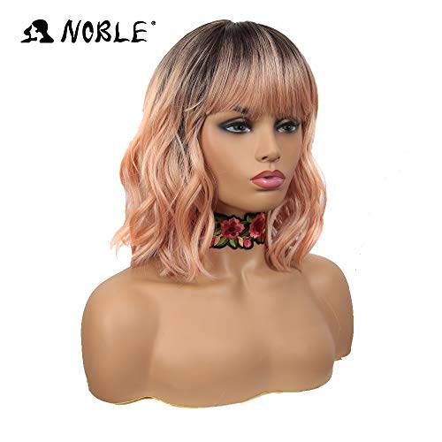 NOBLE Pink Orange Wig for White Women Peach Wig with Bangs Ombre Bob Curly Wigs with Air Bangs Synthetic Short Wavy Wigs with Bangs Heat Resistant Synthetic Daily Party Cosplay Costume Wigs