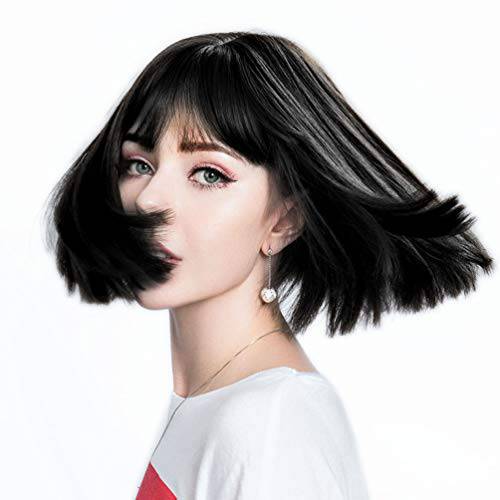 Short Bob Hair Wigs for Women, Black Wigs with Bangs Straight Synthetic Wig Natural As Real Hair 12’’ (01black)