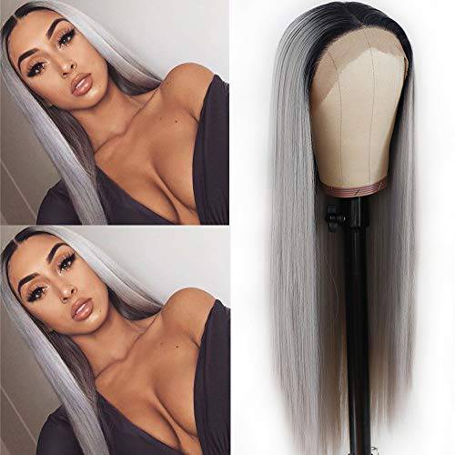 Lezaxiu Gray Lace Front Wig Long Straight Hair Wigs Ombre Grey Wig Heat Resistant Fiber Hair Synthetic Lace Front Wigs for Fashion Women 24 Inch