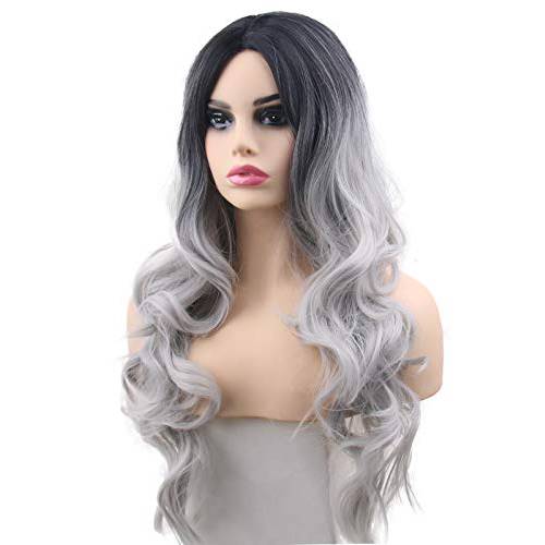Silver Grey Wigs Ombre Curly Wavy 2 Tones Fashion Long Gray Natural Synthetic Replacement Hair Wigs for Women Girls