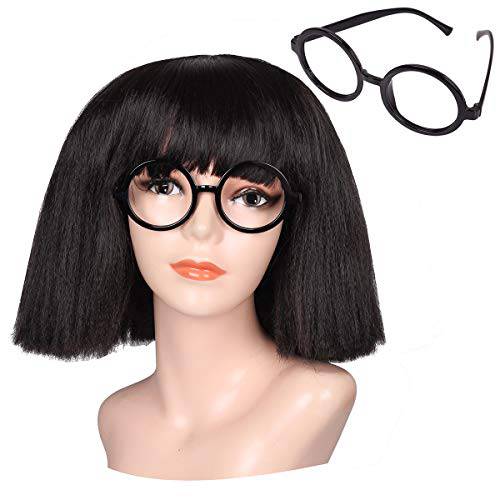 ColorGround Women Adults Fluffy Medium Black Cruly Cut Bangs Wig with Round Glass Frame