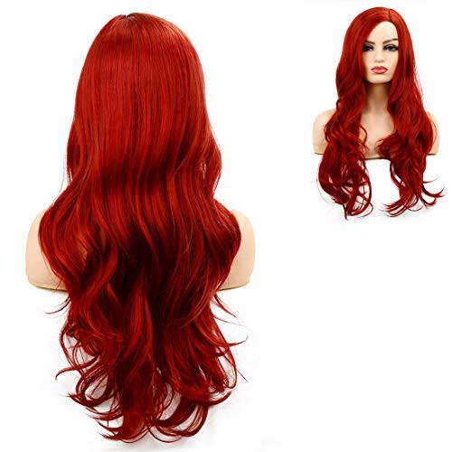 Baruisi Long Curly Wavy Red Wigs for Women Side Part Natural Looking Cosplay Synthetic Fiber Wig Heat Resistant Replacement Wig