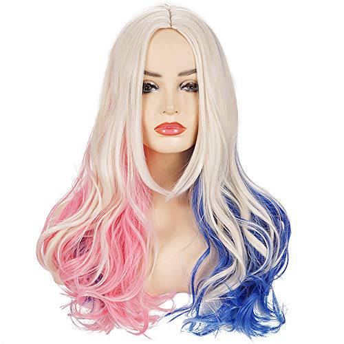 Deifor Long Wavy Blonde Pink Blue Synthetic Hair Middle Part Wigs for Women Girl Cosplay, Halloween, Costume Party