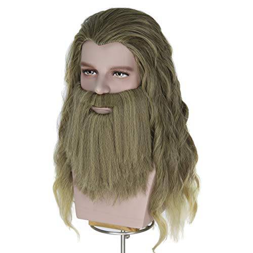 Miss U Hair Men Wig And Beard Long Curly Golden Brown Wig Mens Wigs Halloween Costume Party Wigs