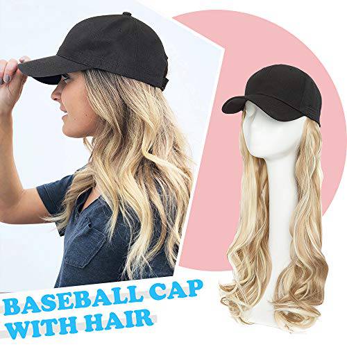 Hairro Baseball Cap with Hair Extensions Synthetic Hair Wig Baseball Hat with Hair Attached Adjustable Wave Hairpiece With Baseball Hat Cap Wig for Women 16P613 sandy blonde mix bleach blonde