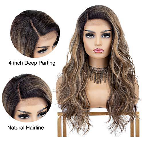 K’ryssma Brown Ombre Lace Front Wig with Dark Roots Long Brown Wavy Wig with Highlights L Part Deep Parting Brown Synthetic Wig 18 inches