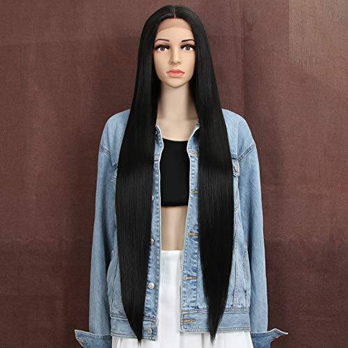 Style Icon 38” Super Long Straight Wigs Lace Front Wigs 6” Deeper Middle Part Wig Black Synthetic Wig (38, 1B)