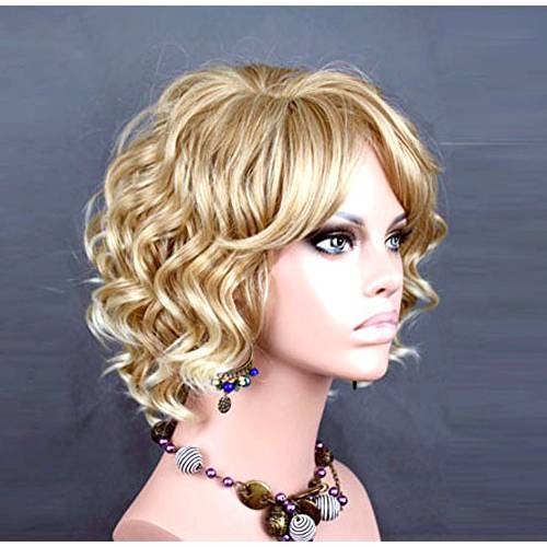 Awesome Lovely Short Wig Curly Blonde mix Summer Style Skin Top Ladies Wigs