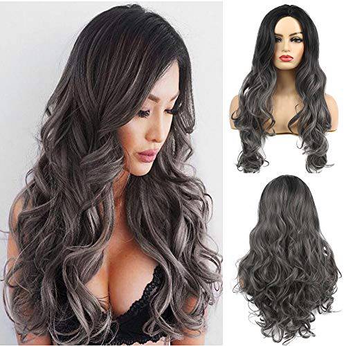 Baruisi Long Curly Wavy Ombre Black Red Wig Synthetic Natural Middle Part Cosplay Costume Hair Wigs for Women