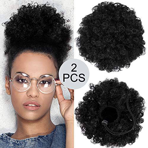 WILLBOND 2 Pieces Afro Puff Drawstring Ponytail Synthetic Short Curly Hair Afro Bun Extension Afro Chignon Hairpieces Wig Updo Hair Extensions (Black)