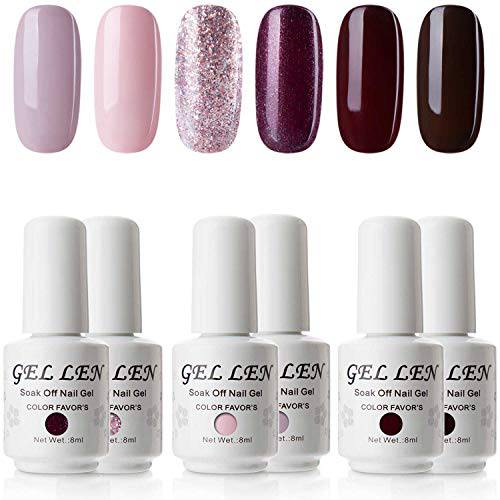 Gellen UV Gel Nail Polish Set 6 Colors - Misty Rose & Midnight Series Pink Purple Brown Colors Shade, Home Nail Art Salon Manicure Kit