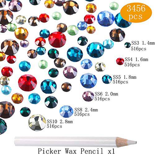 LPBeads 3456 Pieces Mix Size Flatback Rhinestones Glass Charms Diamantes Gems Stones for Nail Art Crafts Face Art (Mix SS3 4 5 6 8 10, Multicolor)