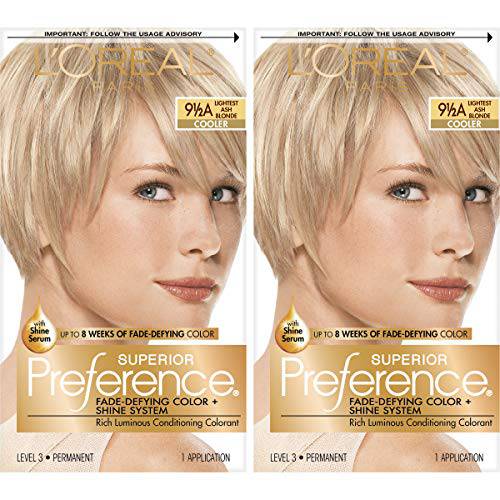 L’Oreal Paris Superior Preference Fade-Defying + Shine Permanent Hair Color, 9.5A Lightest Ash Blonde, Pack of 2, Hair Dye