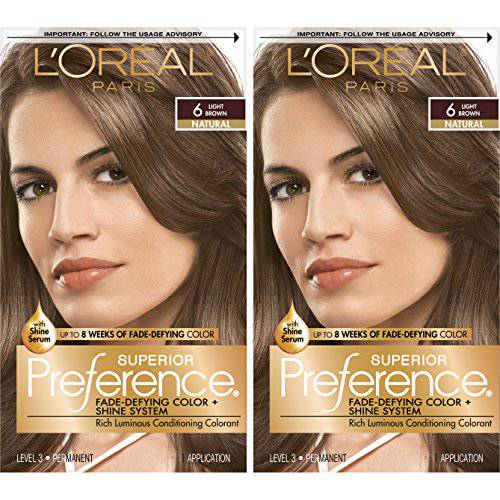 L’Oreal Paris Superior Preference Fade-Defying + Shine Permanent Hair Color, 6 Light Brown, Pack of 2, Hair Dye