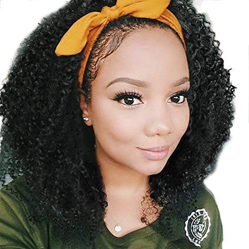 Headband Wigs for Black Women Afro Kinky Curly Black Turban Wigs with Black flannel hair band Heat Resistant Fiber Synthetic Party Cosplay Half Wigs for Women (Black Half Wig)