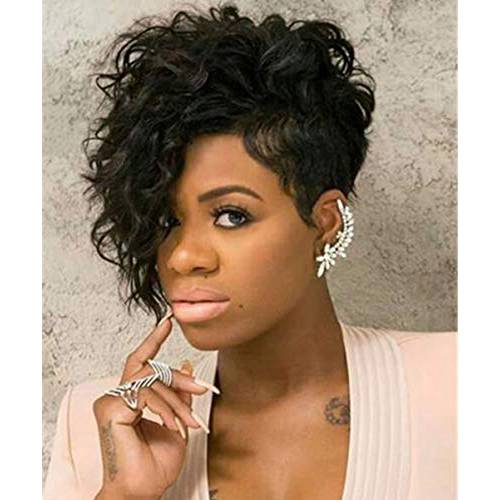 SEVENCOLORS Short Curly Wigs for Black Women Deep Wavy Short Black Wigs with Bangs African America Afro Short Hair Synthetic Wigs Natural Looking