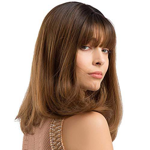 TopWigy Women Brunette Wig 18 Inches Synthetic Straight Wigs with Bangs Ombre Brown Natural Look Realistic Wig Dark Roots for Daily Wear Halloween Party