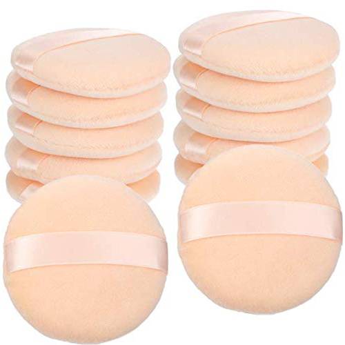12 Pieces Cotton Powder Puffs Round 3.4 inch Makeup Puffs Pads with Strap, Washable Large Face Body Powder Puffs for Loose Mineral Powder (Champagne-colored, 3.4 Inch)