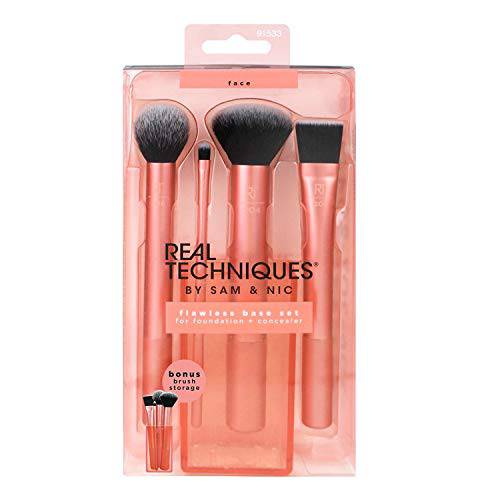 Real Techniques Flawless Base Brush Set With Ultra Plush Custom Cut Synthetic Bristles and Extended Aluminum Ferrules to Build Coverage for Every Makeup Application Need, Orange, 5 Piece
